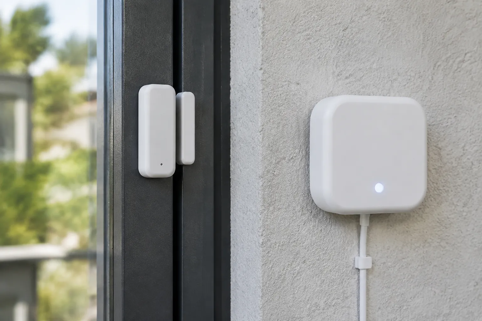 Sensor pintu dan unit kendali putih terpasang pada kusen
