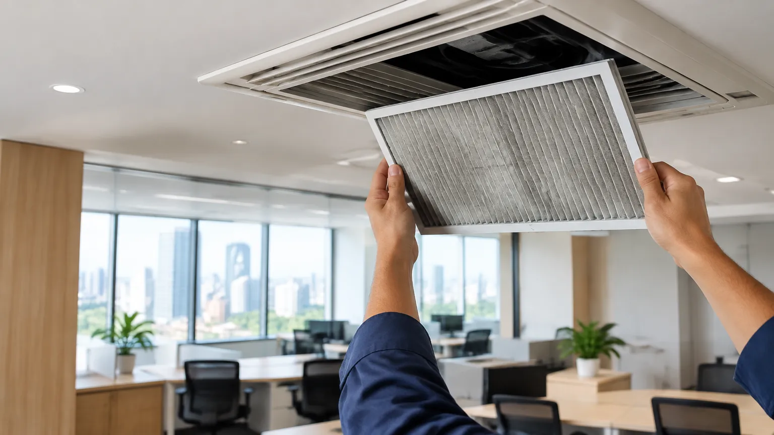 Seseorang melepas kisi ventilasi dari plafon ruang kerja