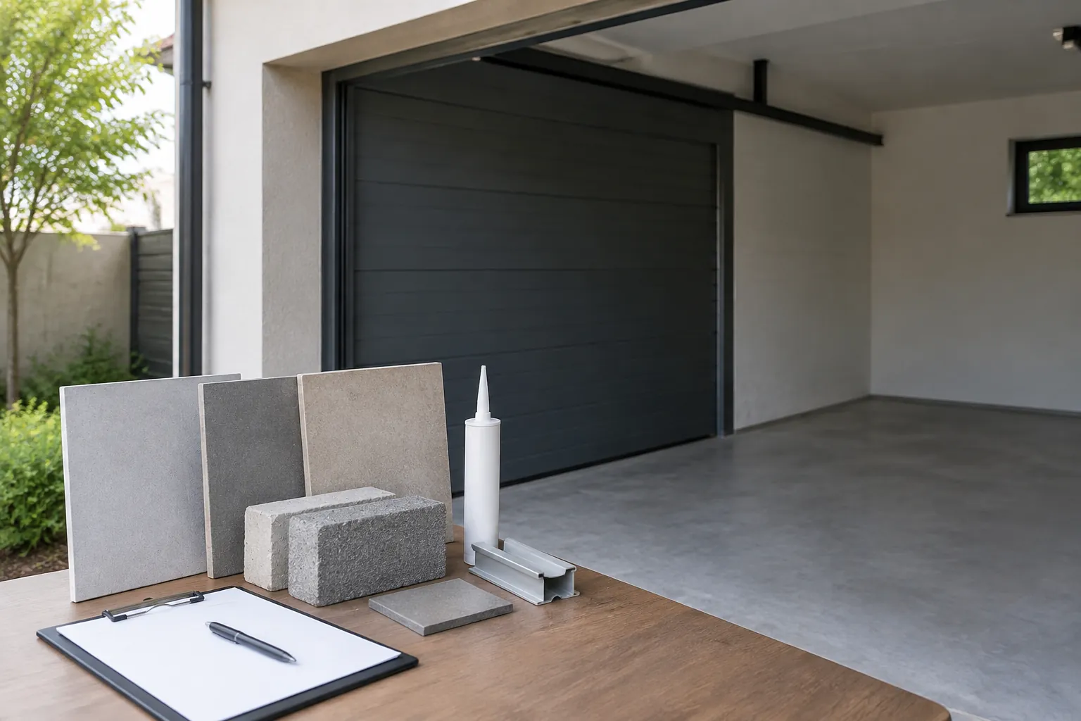 Sampel material dinding ditata di depan garasi rumah