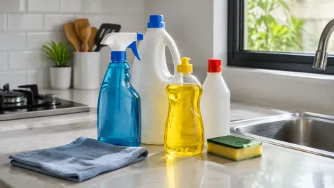 Botol cairan pembersih dan kain lap di atas meja dapur