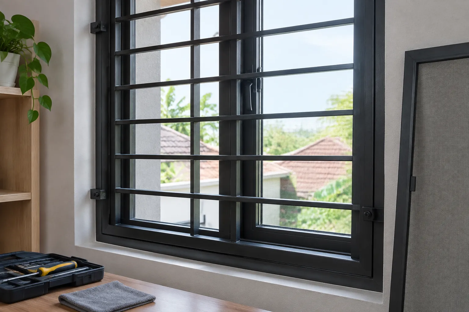 Grille besi melintang pada jendela ruang rumah