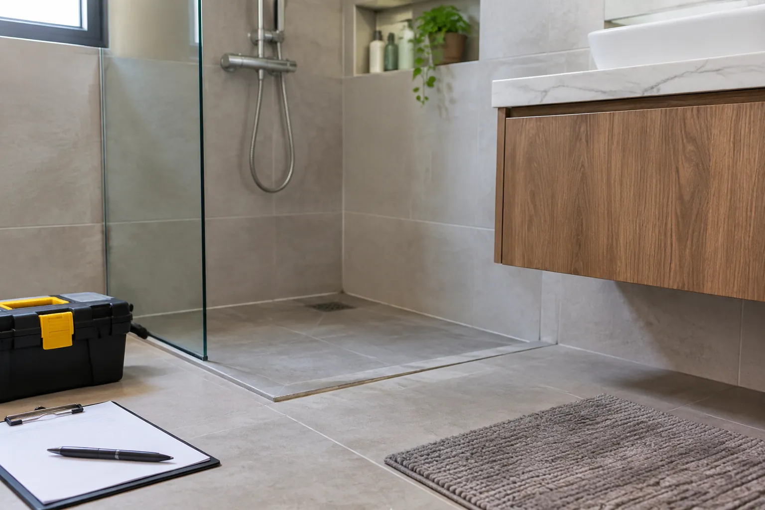 Area pancuran dan lantai kamar mandi dengan alat pemeriksaan