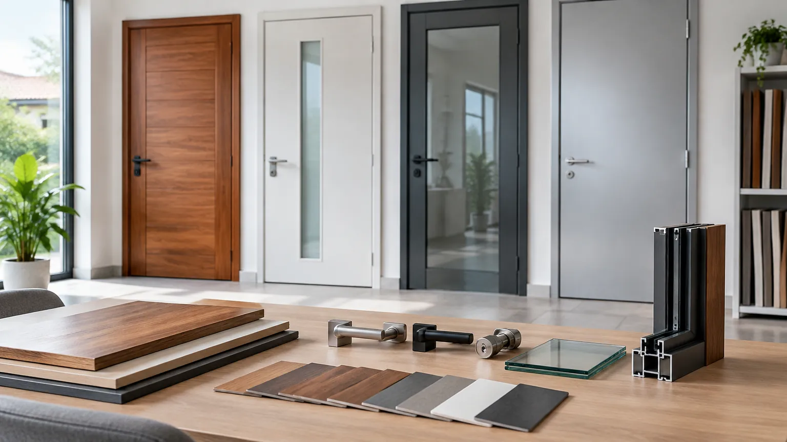 Contoh bahan pintu kayu, logam, dan kaca di atas meja