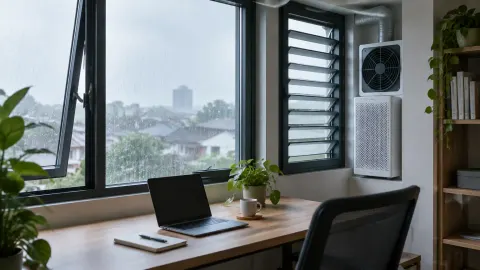 Meja kerja dengan jendela berkisi dan kipas ventilasi