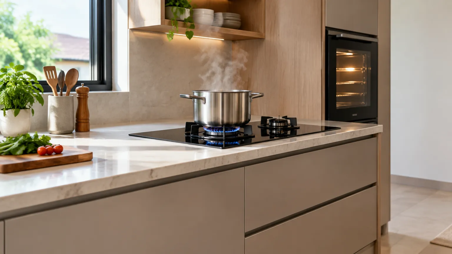 Panci di atas kompor kitchen set dengan kabinet kayu