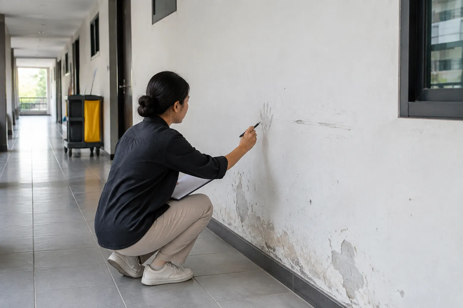 Seseorang memeriksa bidang dinding lorong yang bernoda dan mengelupas
