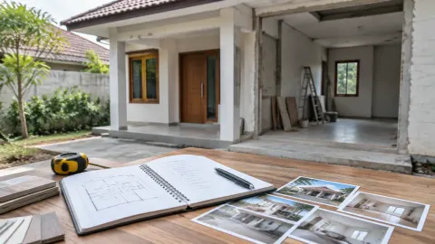Rumah dalam renovasi dengan denah dan catatan di meja
