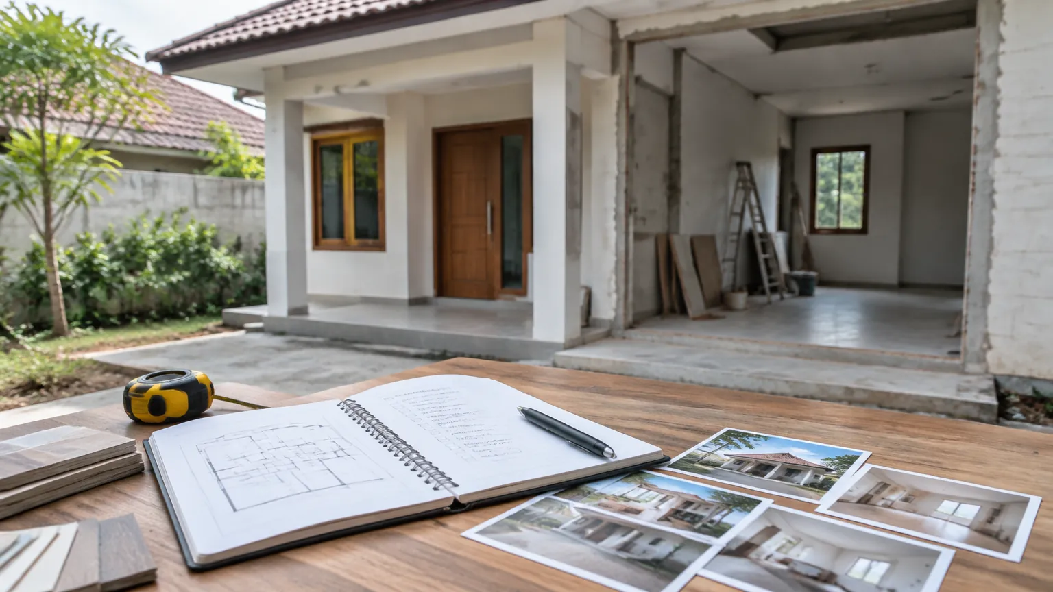 Rumah dalam renovasi dengan denah dan catatan di meja