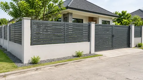 Pagar berbilah logam dan gerbang di depan rumah