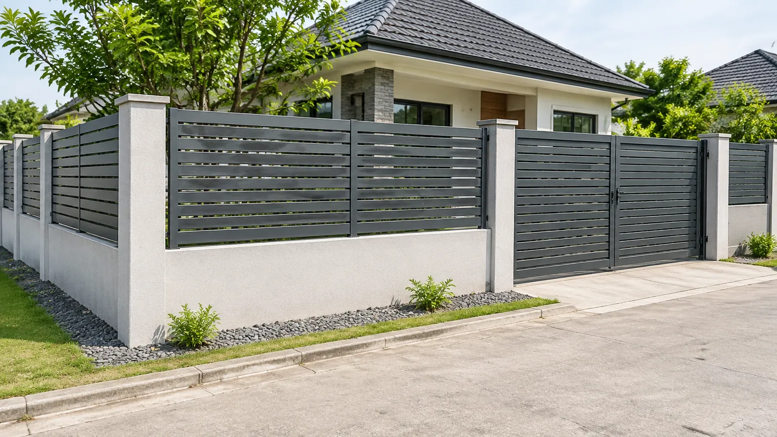 Pagar berbilah logam dan gerbang di depan rumah