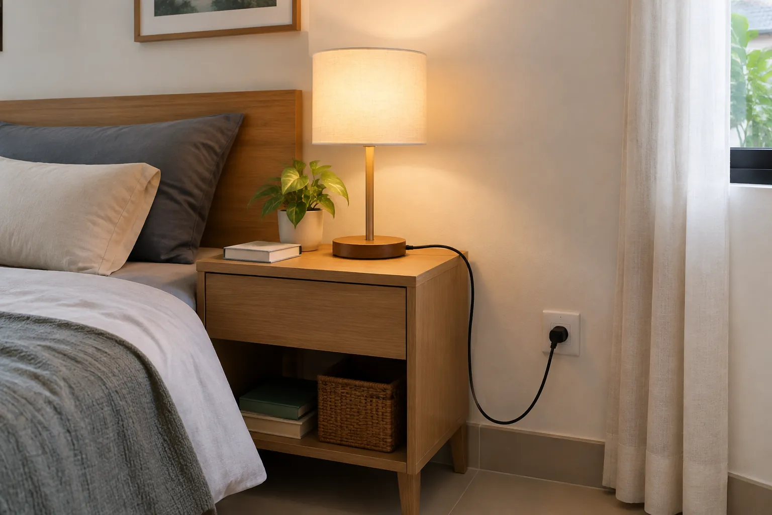 Lampu meja menyala pada nakas kayu di kamar tidur