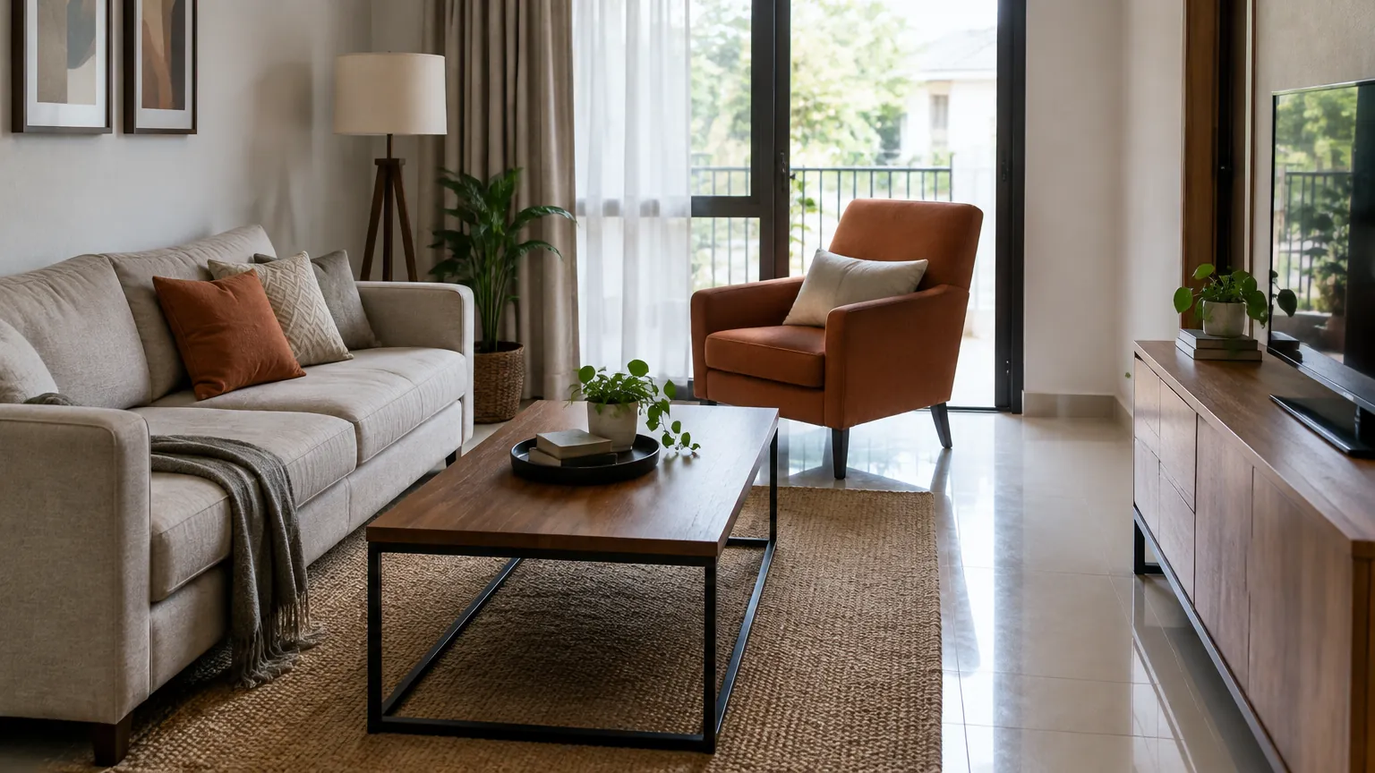 Ruang tamu dengan sofa dan kursi terpisah