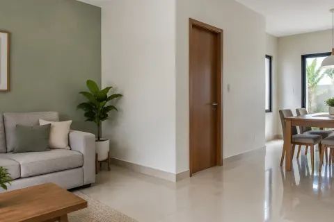 Ruang tamu dengan dinding selesai.