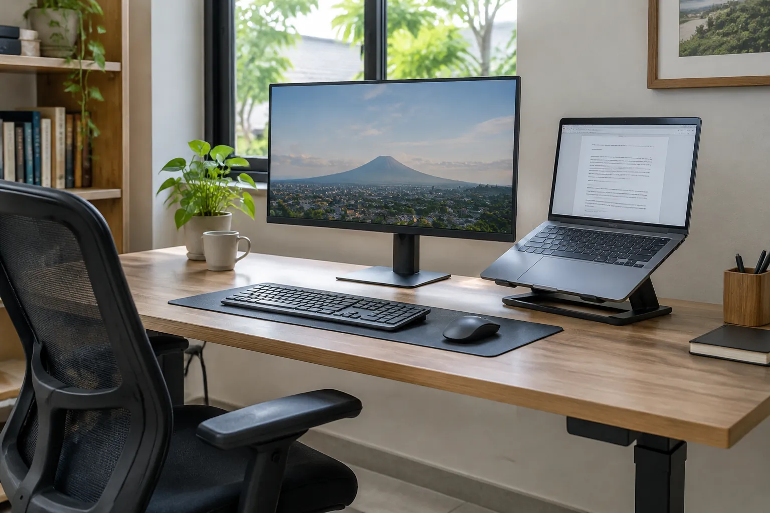 Meja kerja dengan monitor dan laptop di dekat jendela