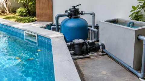 Unit filter dan pipa di samping kolam renang