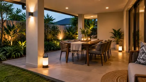 Area makan di teras dengan lampu plafon dan lampu taman