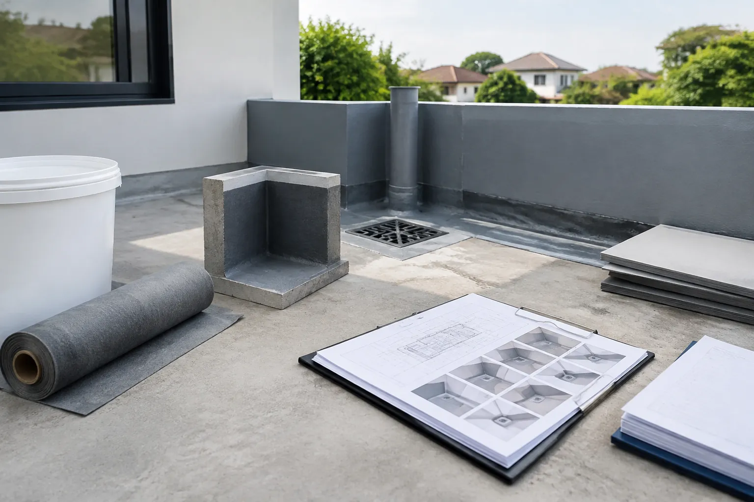 Dokumen pemeriksaan dan bahan waterproofing disiapkan di lantai teras sebelum pekerjaan