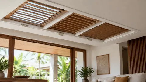 Panel ventilasi kayu pada plafon ruang keluarga