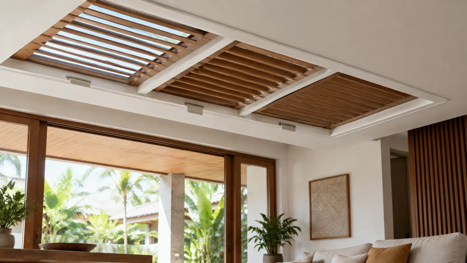Panel ventilasi kayu pada plafon ruang keluarga