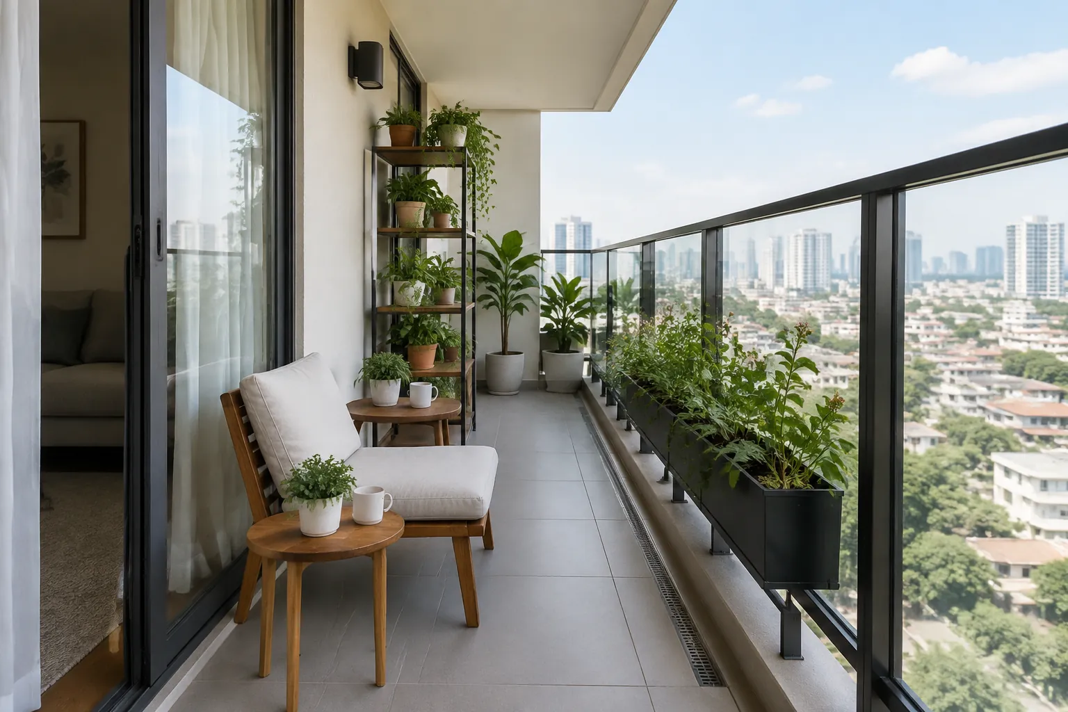 Balkon apartemen memanjang dengan kursi dan pot tanaman.