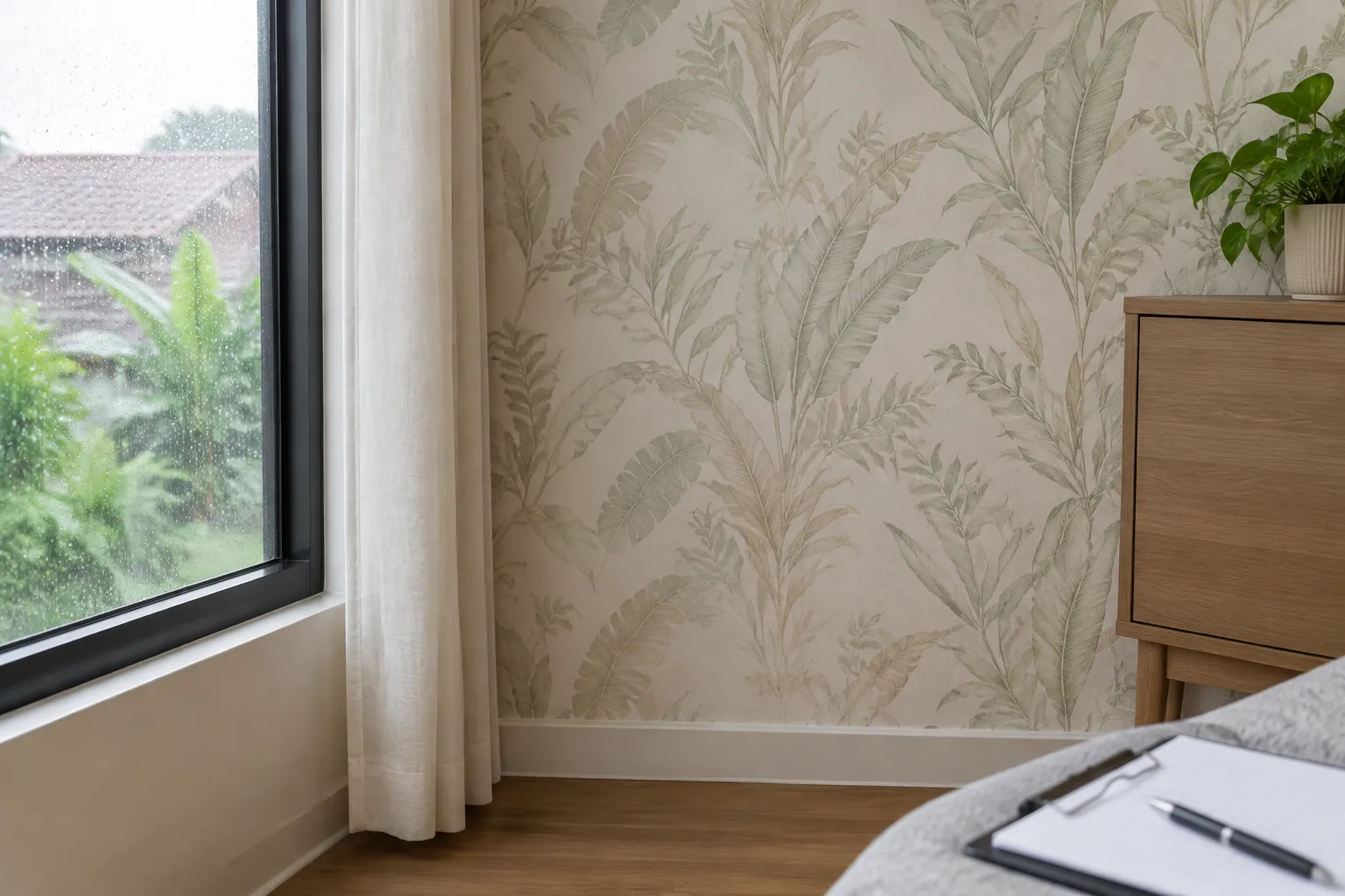 Wallpaper motif daun pada dinding dekat jendela