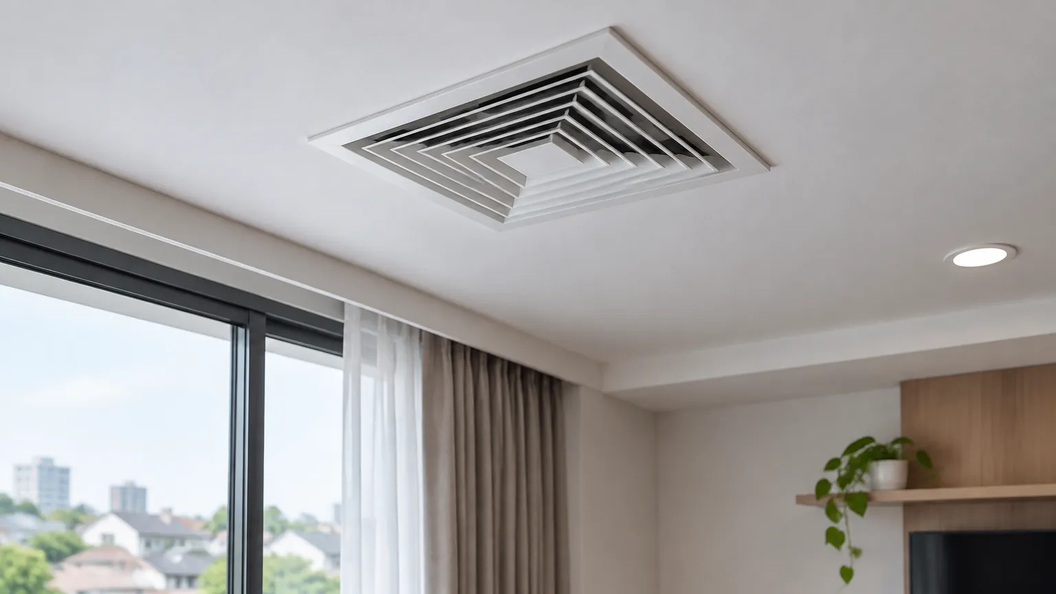 Kisi ventilasi pada plafon ruang dekat jendela