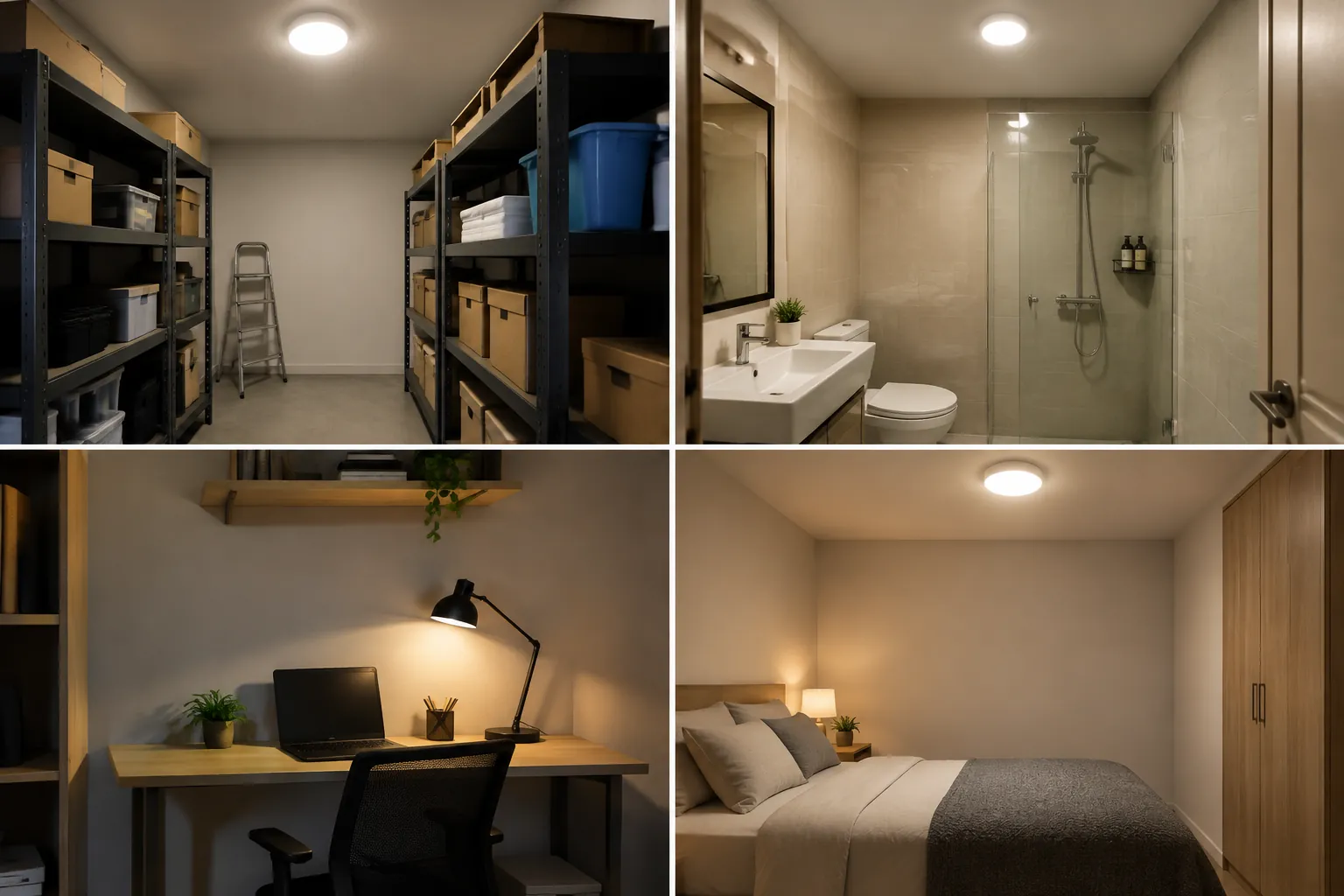 Kolase ruang penyimpanan, kamar mandi, ruang kerja, dan kamar tidur