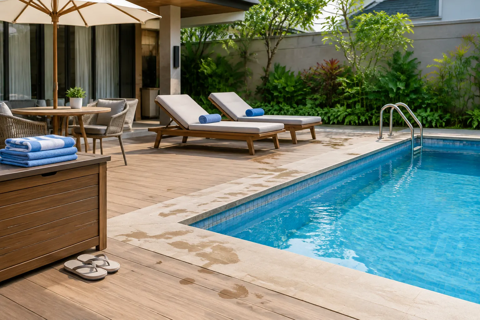 Kursi santai dan meja ditempatkan di deck dekat kolam