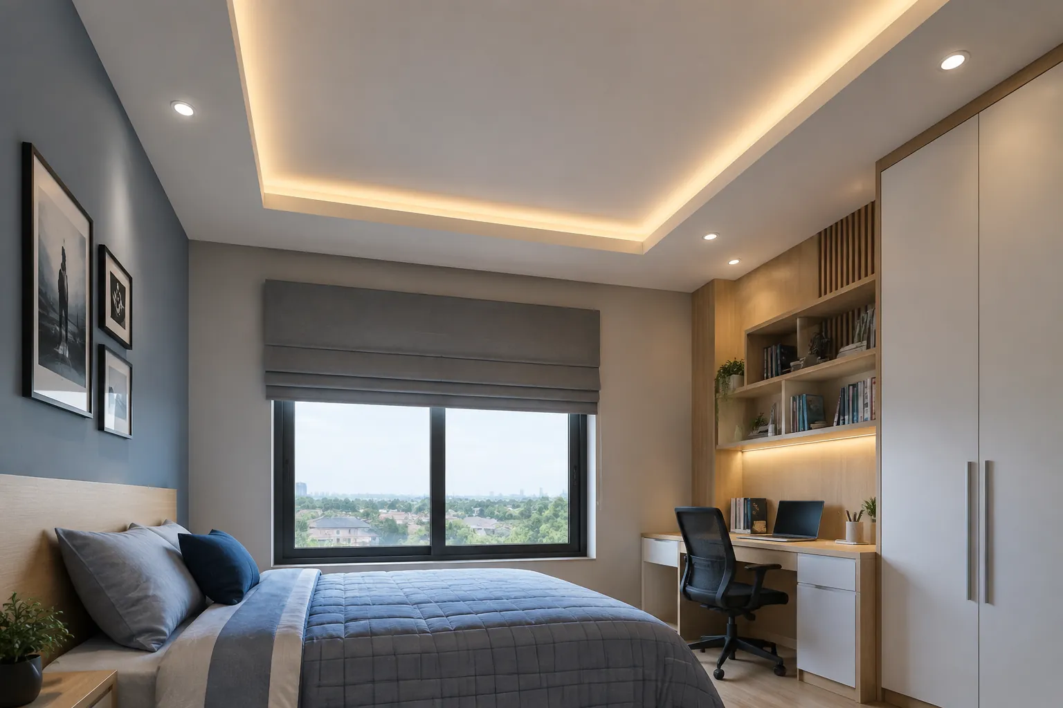 Kamar remaja dengan lampu tersembunyi pada tepi plafon