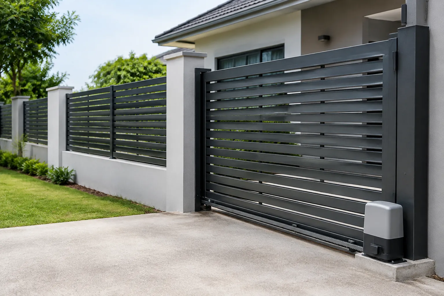 Gerbang logam besar pada rumah dengan pagar panel