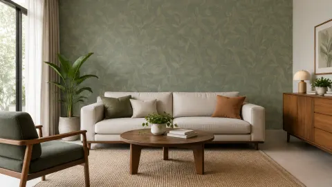 Ruang tamu dengan sofa netral dan dinding bermotif daun hijau