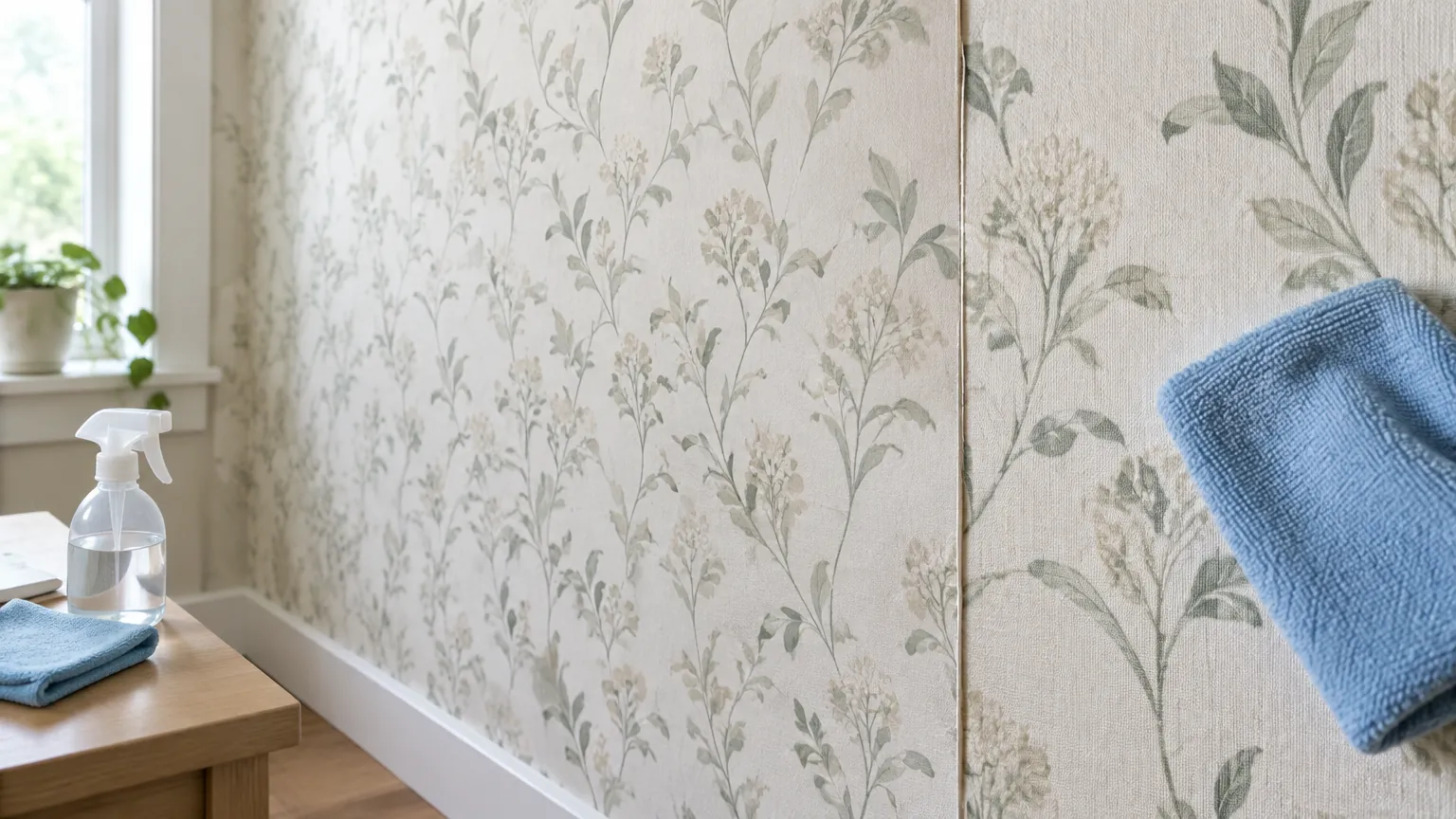Wallpaper bermotif daun dibersihkan dengan kain