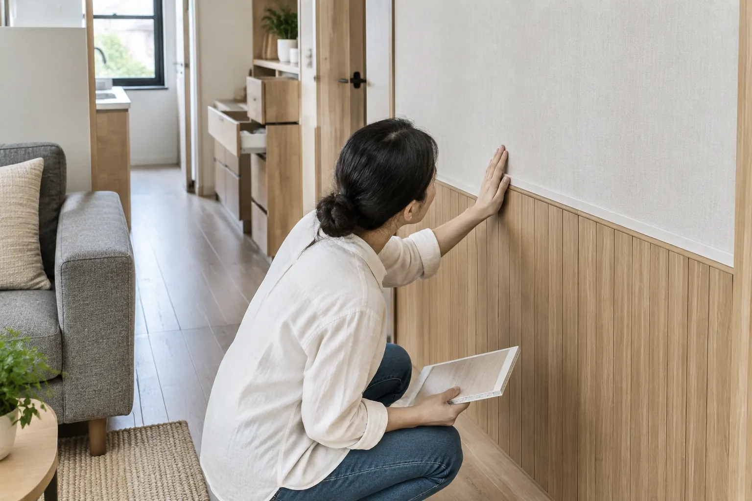 Seseorang memeriksa pertemuan panel kayu dan dinding rumah