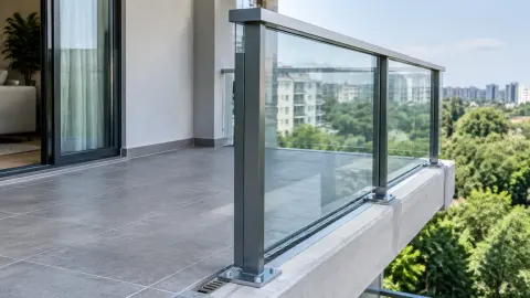 Railing kaca di tepi balkon dengan dasar tiang logam