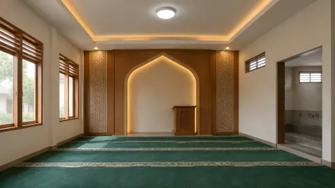 Mushola dengan karpet hijau menghadap dinding mihrab