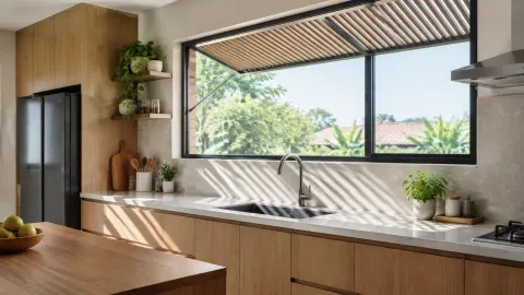 Dapur dengan jendela lebar dan kisi peneduh di atasnya