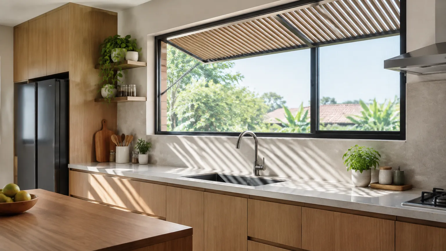 Dapur dengan jendela lebar dan kisi peneduh di atasnya
