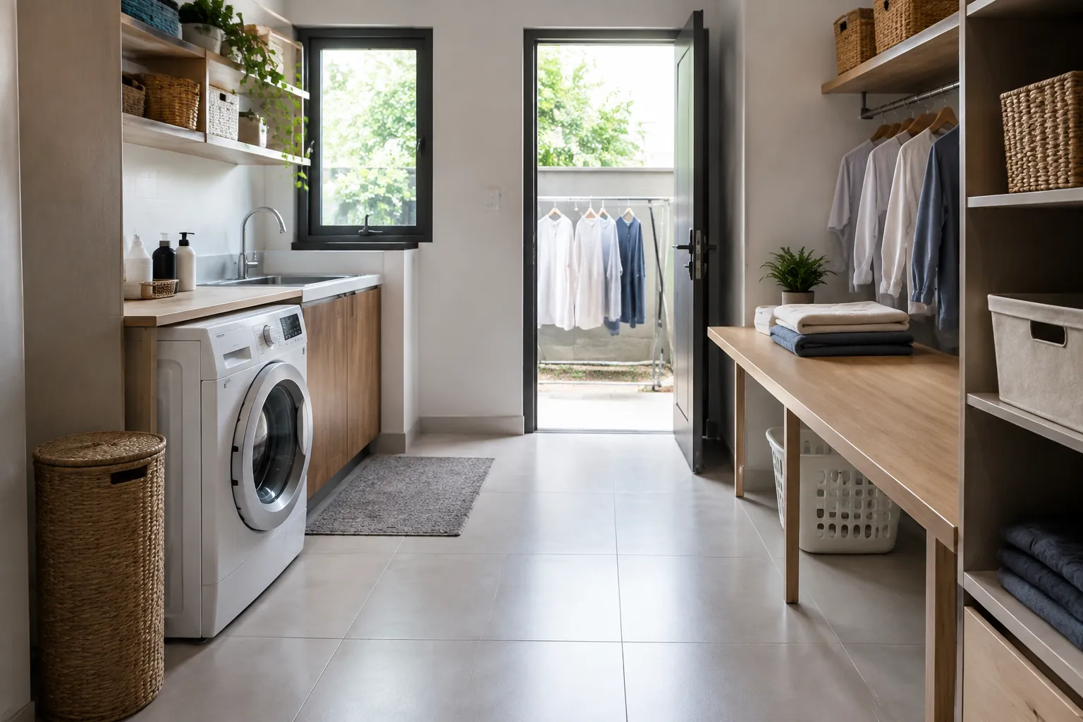 Ruang laundry memiliki mesin cuci, rak, bak, dan pintu ke halaman