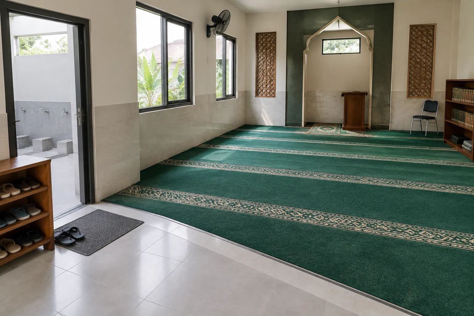 Lantai keras dan karpet di dekat akses musala