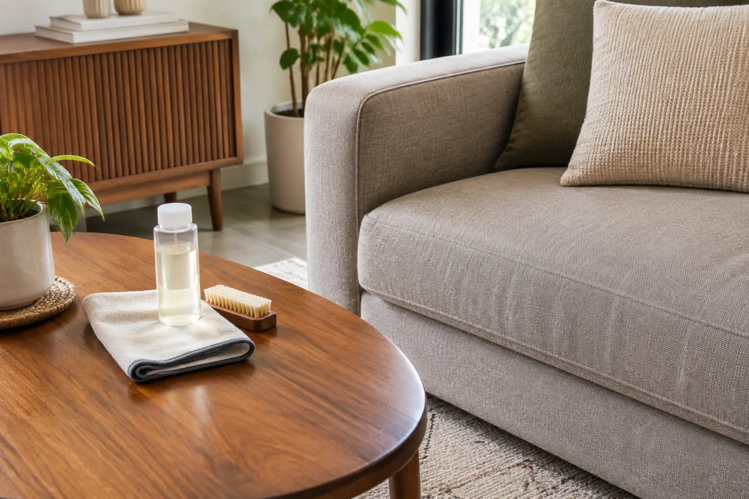 Sofa kain dan meja kayu dengan alat pembersih