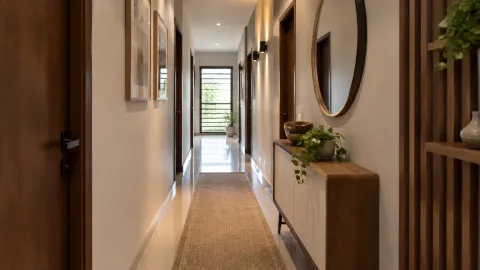 Lorong rumah dengan meja konsol dan cermin pada satu sisi