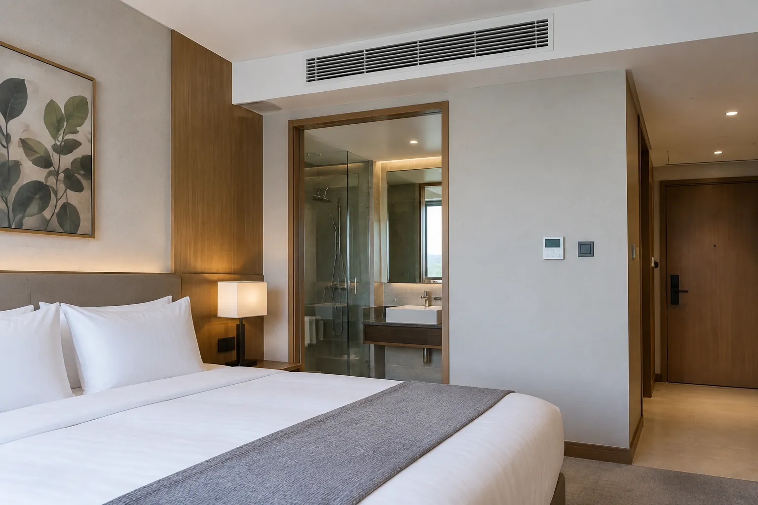 Kamar hotel dengan kisi udara di atas akses kamar mandi