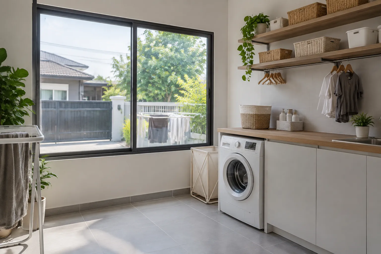 Jendela laundry menghadap area luar tempat pakaian dijemur
