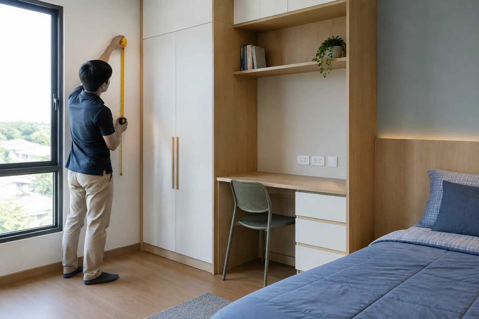 Pekerja mengukur bidang lemari di kamar remaja