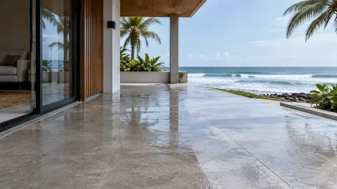Teras terbuka rumah tepi pantai dengan lantai batu