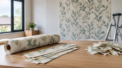 Gulungan wallpaper bermotif daun dan sisa potongan di meja
