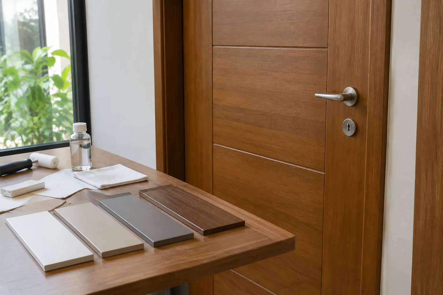 Sampel warna dan finishing di depan pintu kayu