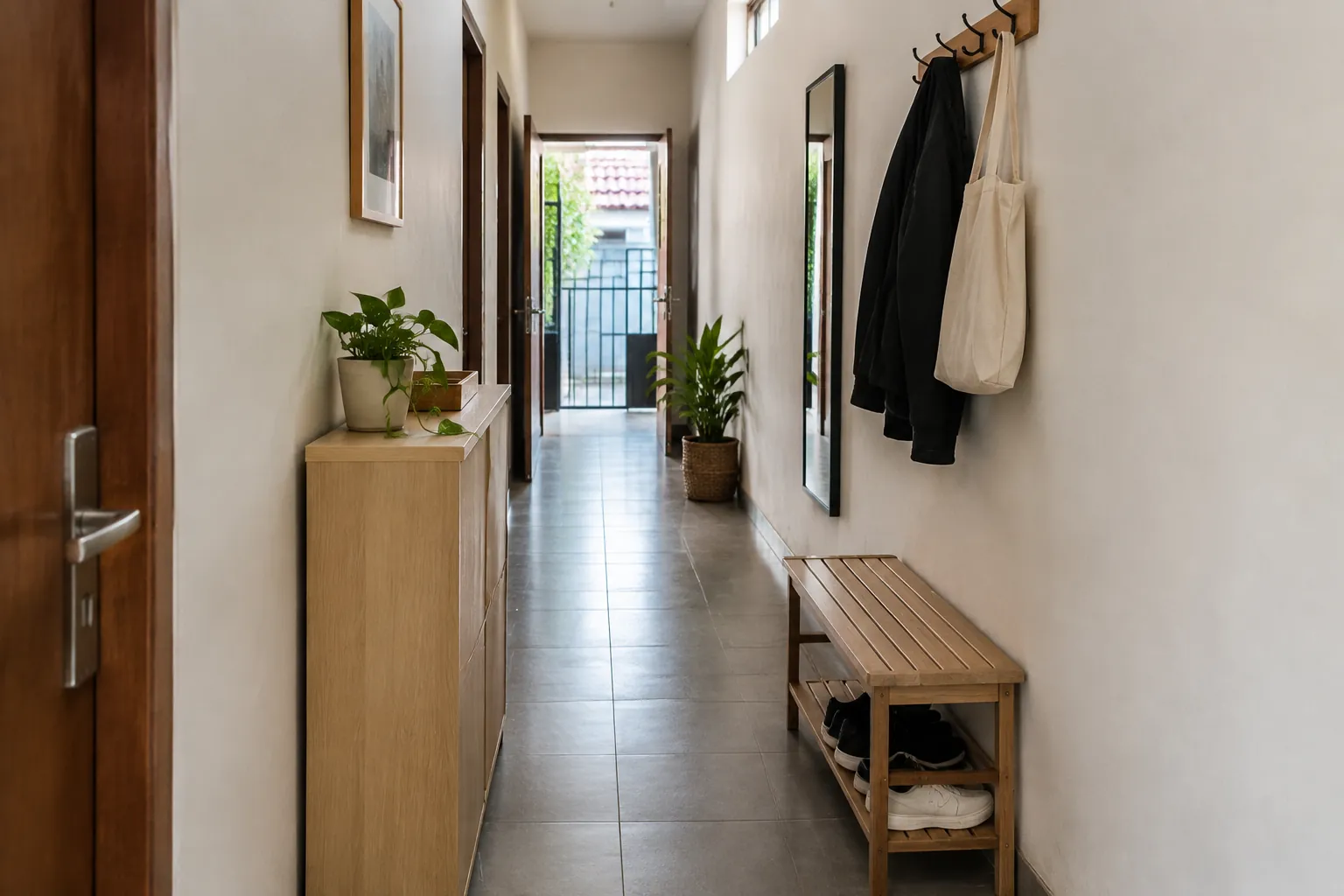 Lorong sempit dengan bangku dan gantungan dekat pintu masuk