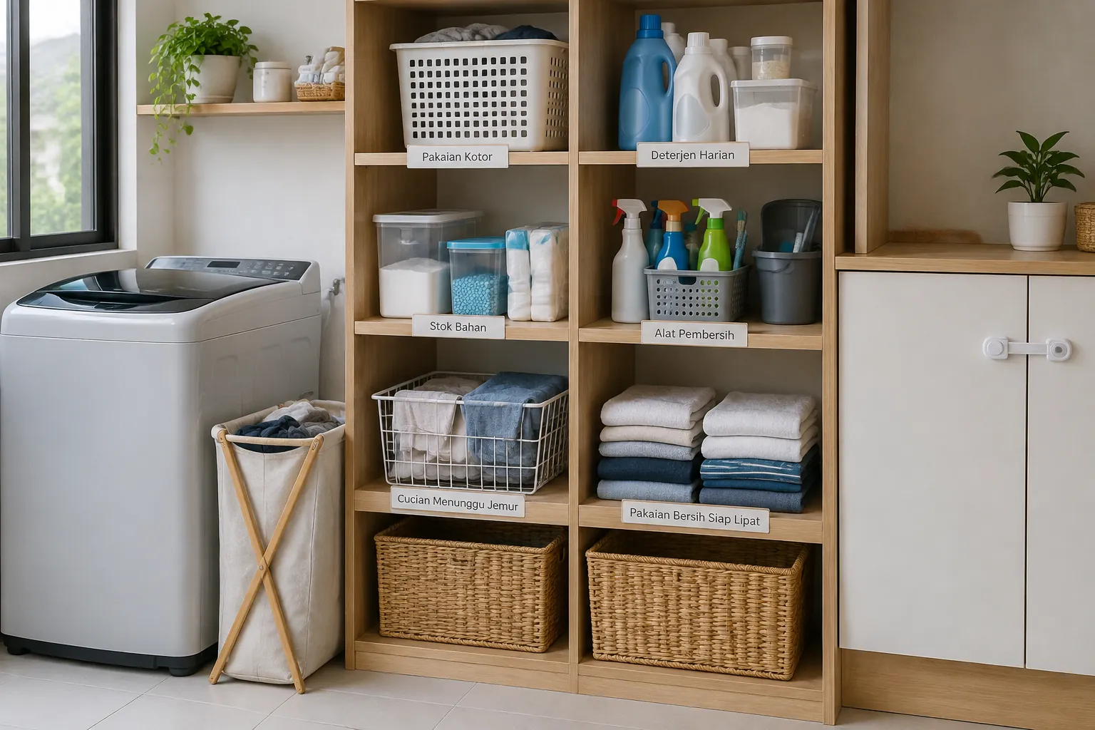 Rak laundry berisi botol, handuk, dan keranjang berbeda