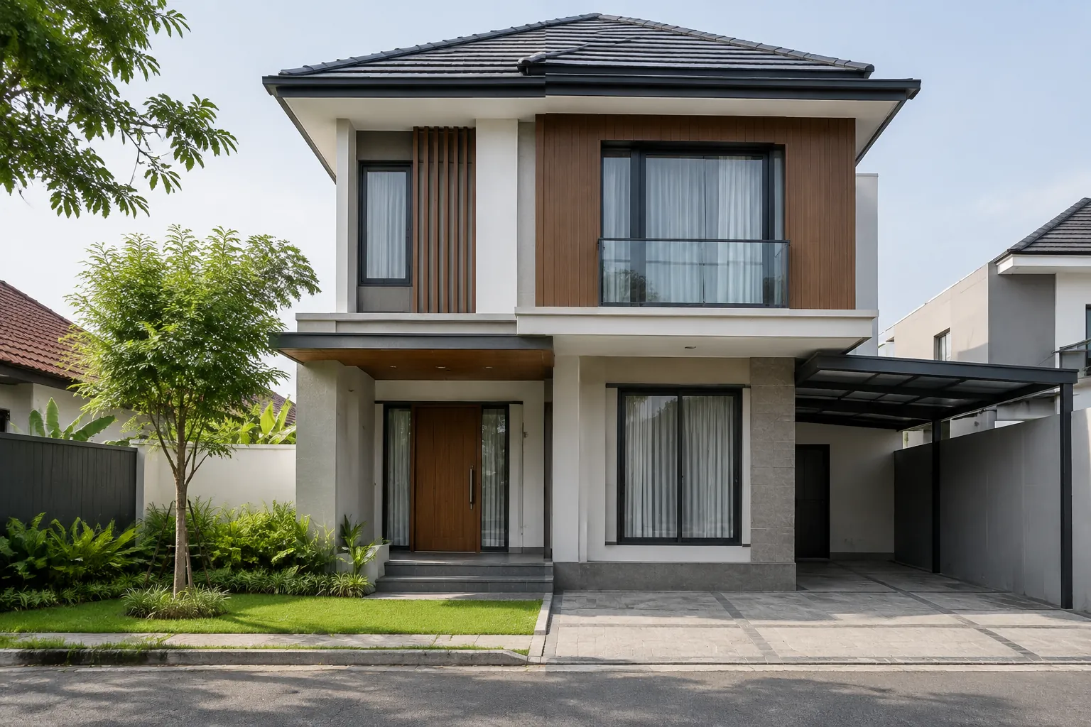 Fasad rumah dengan panel vertikal dan kanopi samping